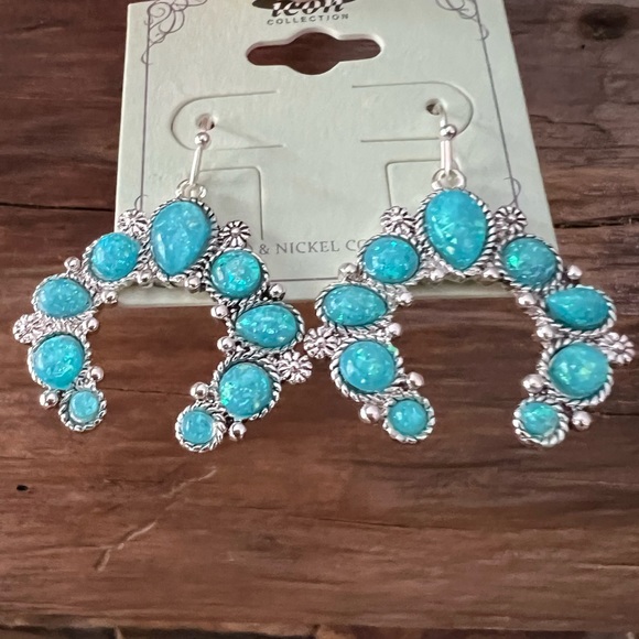 New Turquoise sparkle Western Boho Blue Naja Silver Earrings Squash Blossom - Picture 3 of 5